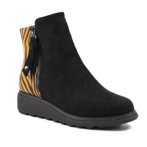 Lunar GLC782 Haines Black Zebra Womens Casual Comfort Zip Up Ankle Wedge Boots