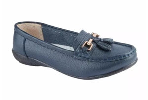 Jo & Joe Nautical Dark Blue Wide Fit Womens Slip On Leather Loafers Moccasin Casual Shoes