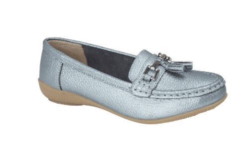 Jo & Joe Nautical Metallic Blue Womens Slip On Leather Loafers Moccasin Casual Shoes