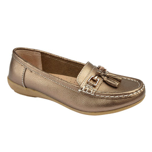 Jo & Joe Nautical Bronze Womens Slip On Leather Loafers Moccasin Casual Shoes
