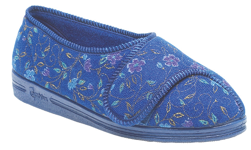 Comfylux LS667C Davina Navy Blue Floral Womens Extra Wide Comfort Slippers