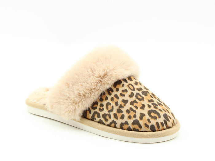 Heavenly Feet Picnic Beige Leopard Womens Casual Comfort Slip On Mule Slippers