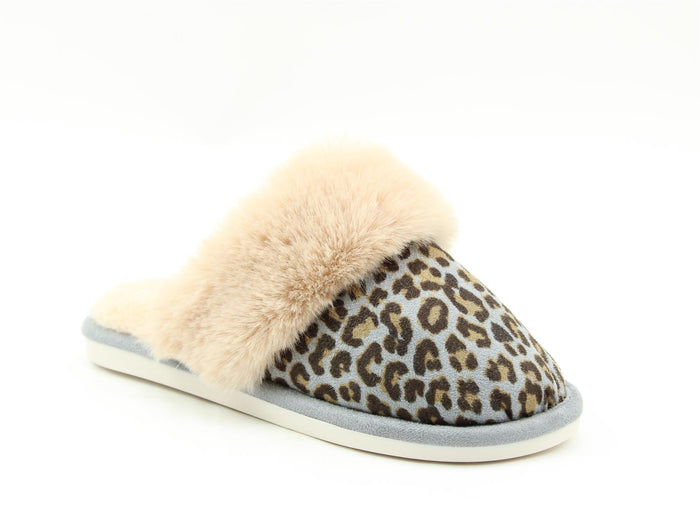 Heavenly Feet Picnic Grey Leopard Womens Casual Comfort Slip On Mule Slippers