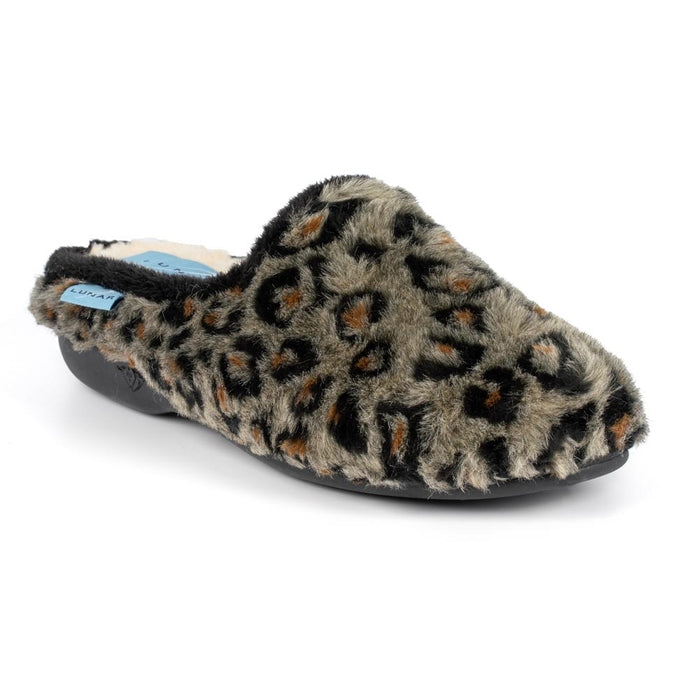 Lunar KLA149 Safari Black Faux Fur Leopard Print Womens Comfort Slip On Mule Slippers