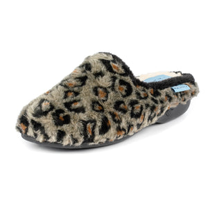Lunar KLA149 Safari Black Faux Fur Leopard Print Womens Comfort Slip On Mule Slippers