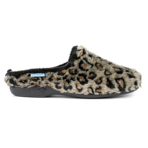 Lunar KLA149 Safari Black Faux Fur Leopard Print Womens Comfort Slip On Mule Slippers