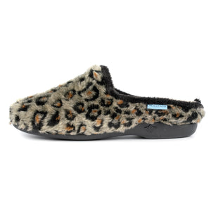 Lunar KLA149 Safari Black Faux Fur Leopard Print Womens Comfort Slip On Mule Slippers