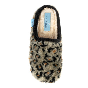 Lunar KLA149 Safari Black Faux Fur Leopard Print Womens Comfort Slip On Mule Slippers