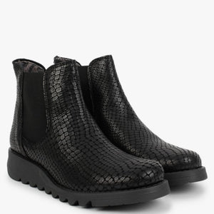 Fly London Salv Black Croco Womens Casual Leather Ankle Boots