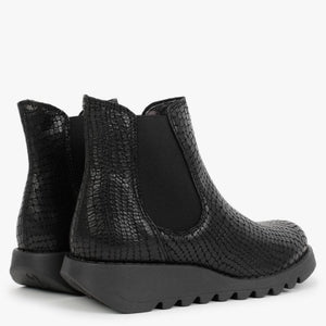 Fly London Salv Black Croco Womens Casual Leather Ankle Boots