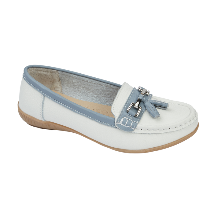 Jo & Joe Seafairer White/Baby Blue Womens Casual Comfort Leather Loafers