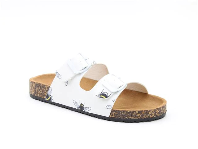 Heavenly Feet Harmony White Bee Womens Casual Comfort Slip On Slider Twin Buckle Fastening Sandals